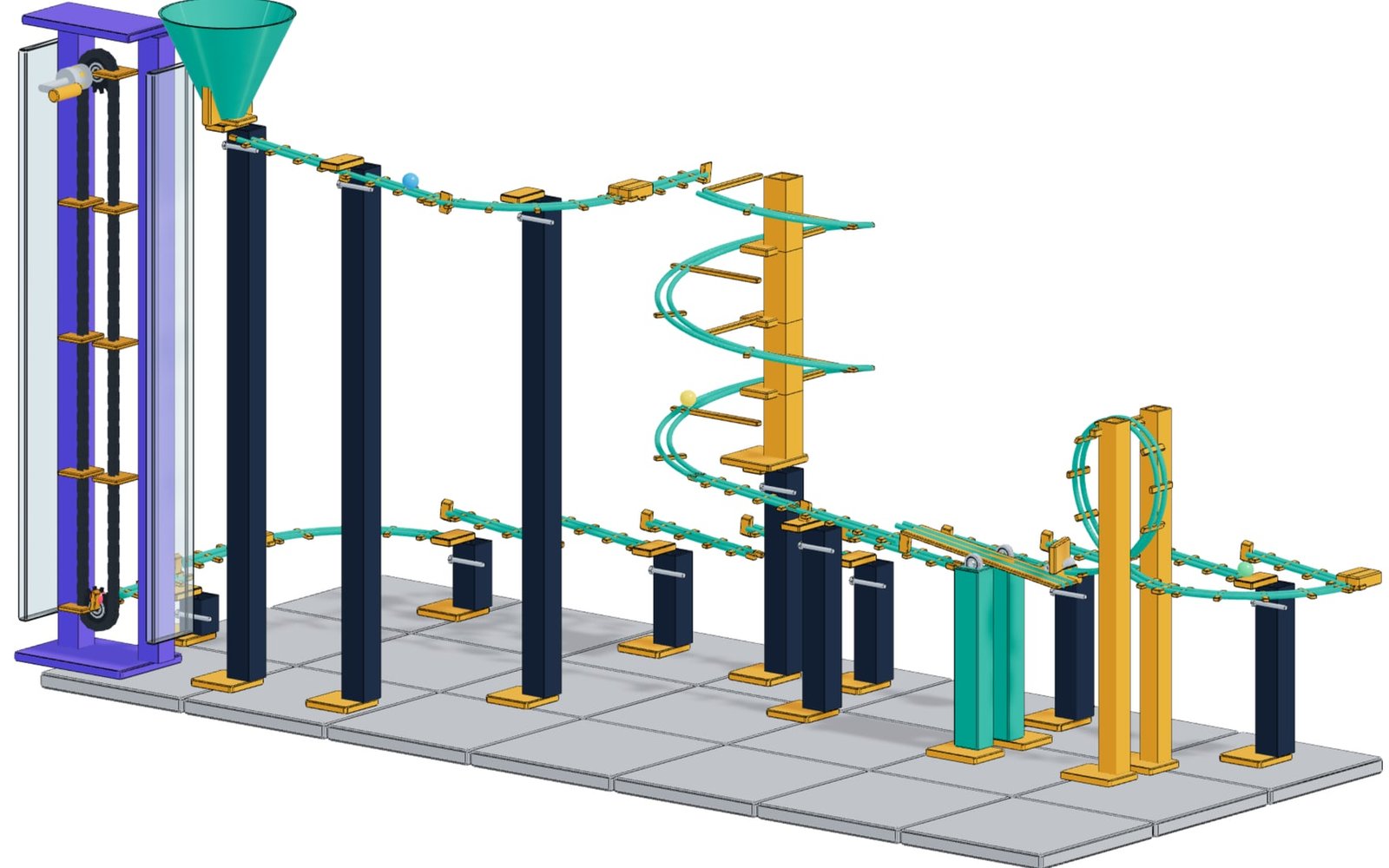 Complete marble run with chain elevator, helix, switch and loop